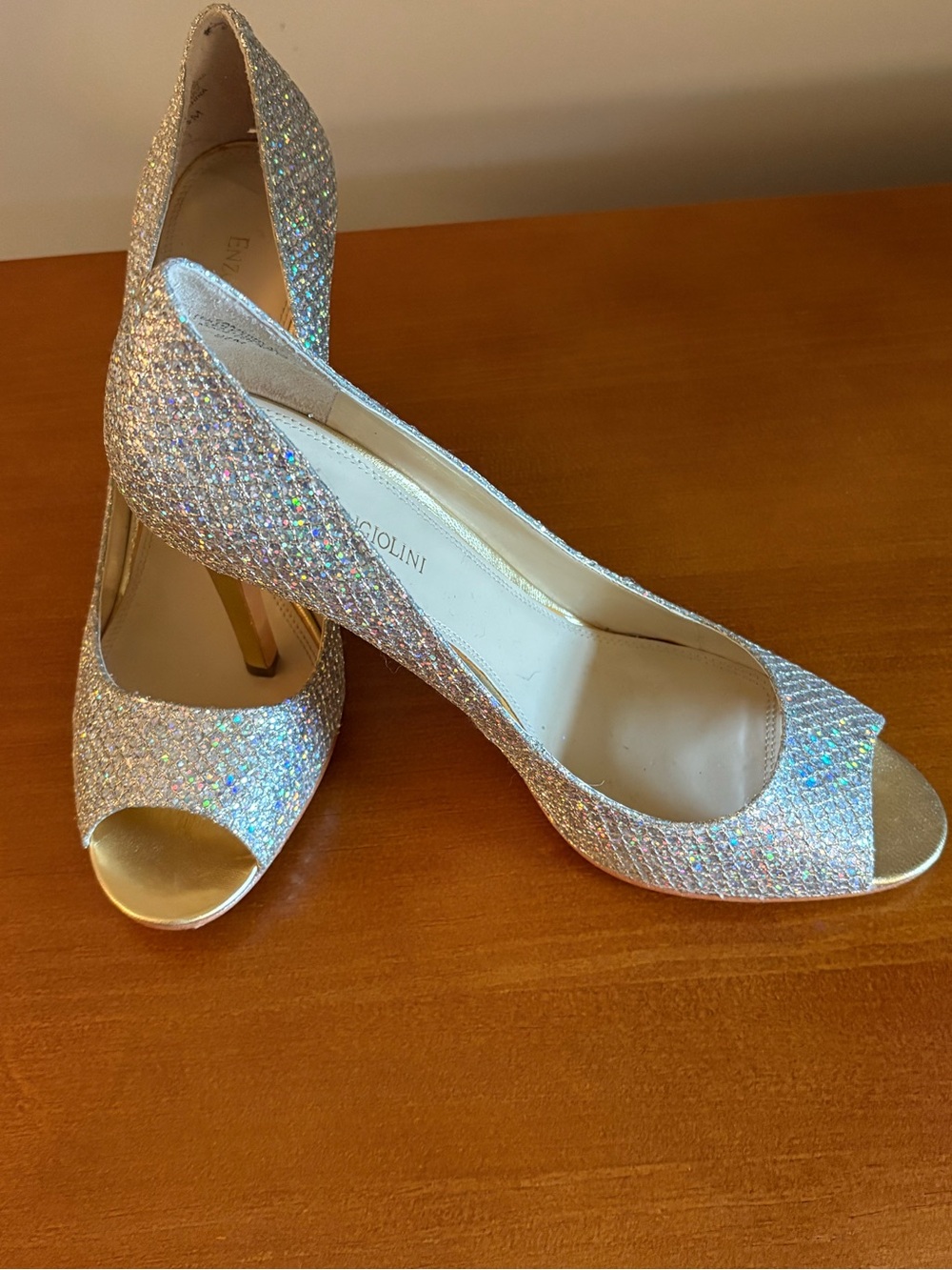 Enzo Angiolini Sparkling Iridescent Peep-Toe Heels - Silver
